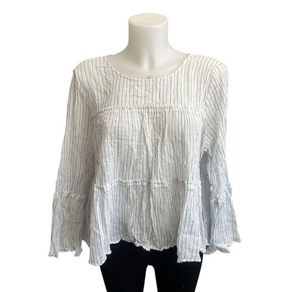 MADEWELL Tiered Top in Haysboro‎ Stripe Pom-Pom Tassel Back Flared Sleeve Large - Picture 1 of 10